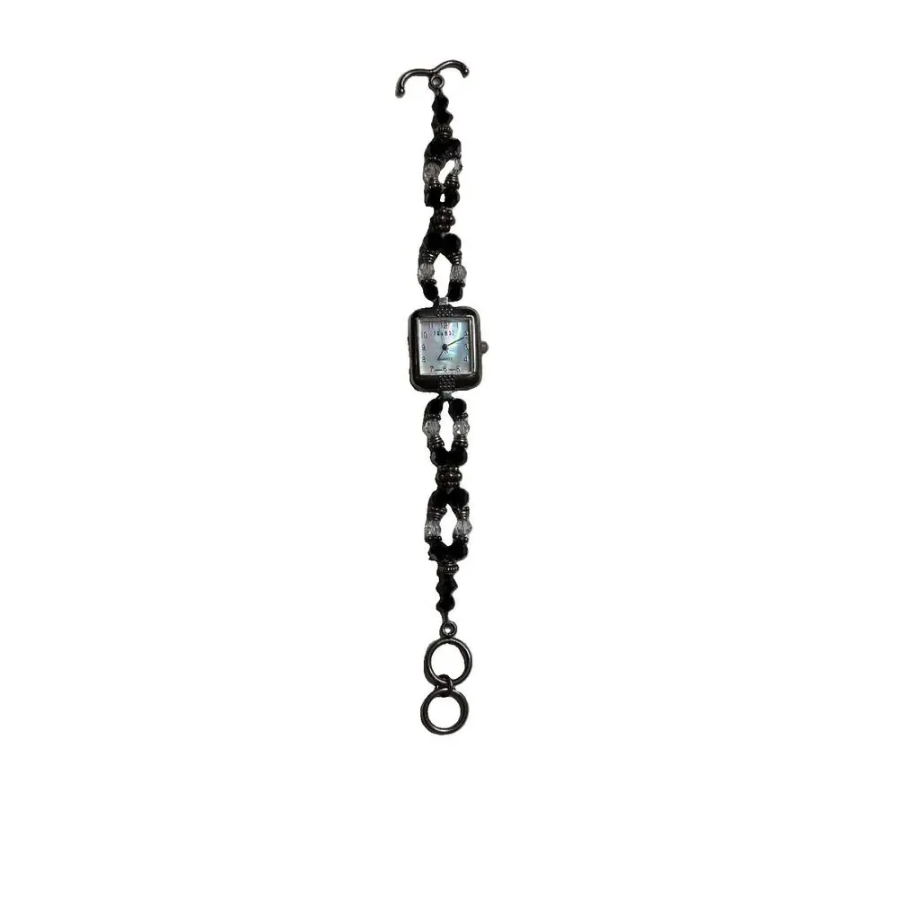 Trendz Pearlescent Face Crystal Beaded Clear Black Watch Womens 8